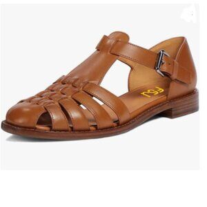 FSJ Caramel Closed Toe Sandals Low Block Heel Woven Roman Ankle Strap Sandals